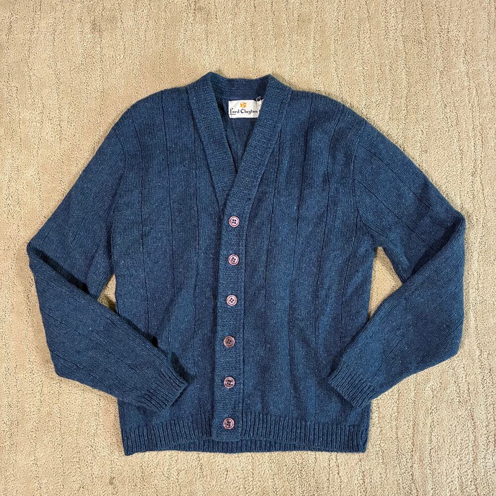 Vintage 70s Wool Lord Clayton Men S Blue Knit Cardigan Sweater Grandpacore Retro